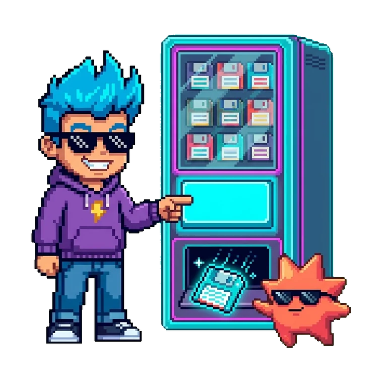 Mascot pressing the button on a neon floppy vending machine while his star sidekick waits by the dispenser