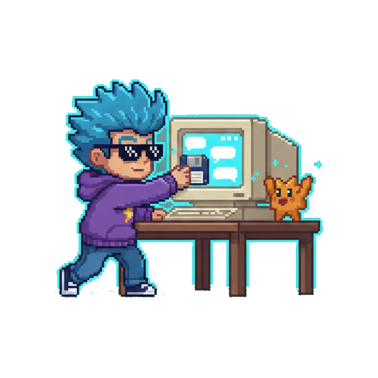 Mascot slamming the floppy into a retro computer running a chat window