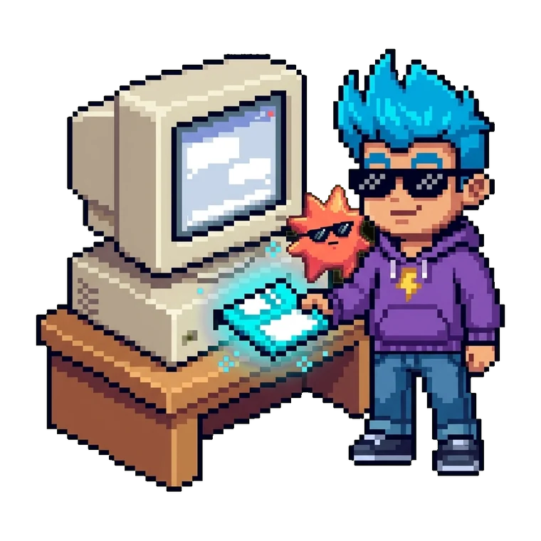 Mascot pushing a glowing floppy into a retro computer running a chat window, star sidekick watching