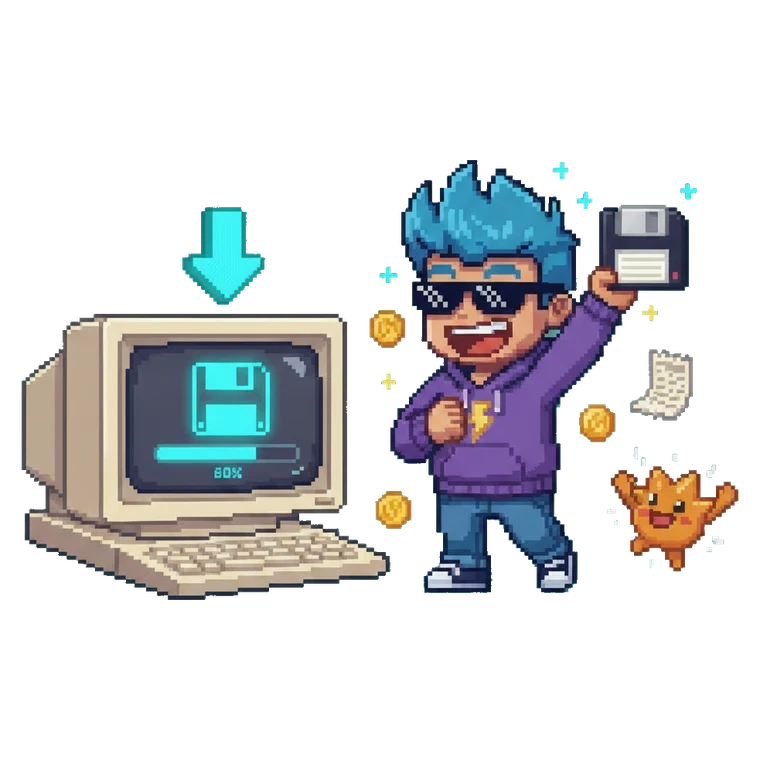 Mascot leaping to catch a floppy shooting out of a retro computer